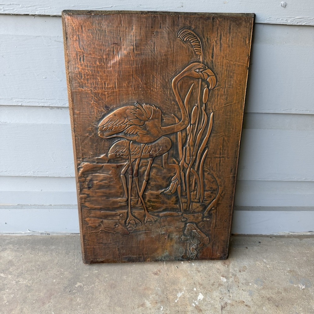 Vintage MCM Copper Relief Wall Art Plaque Embossed Flamingo Heron Bird In Marsh